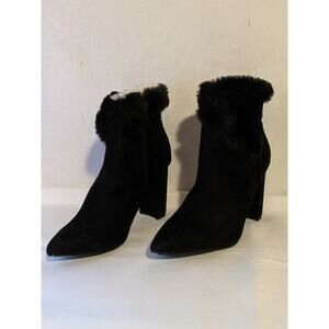 Allegra K Black Woman's Chunky Heel Fur Top Suede Ankle Boot Pointed Toe sz 8 Ne